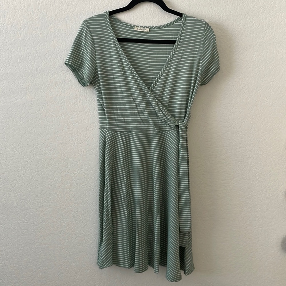 Olivia Rae | Green and White Striped Faux Wrap Dress V-Neck Womens Medium